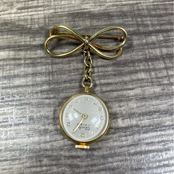 Ladies 1950’s 17 Jewel Designer Swiss Gold Bow Brooch Watch Signed